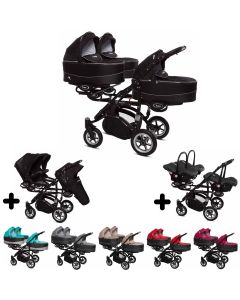 Trippy Drillings-Kombi-Kinderwagen 3in1 Set mit 3 Babyschalen + 3 Babywannen + 3 Sportaufsätzen, 6 Farben, Gestell schwarz, Kollektion 2018