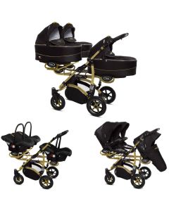 Trippy Drillings-Kombi-Kinderwagen gold 2in1 Set mit 3 Babywannen + 3 Sportaufsätzen oder 3in1 + 3 Babyschalen / Autoschalen